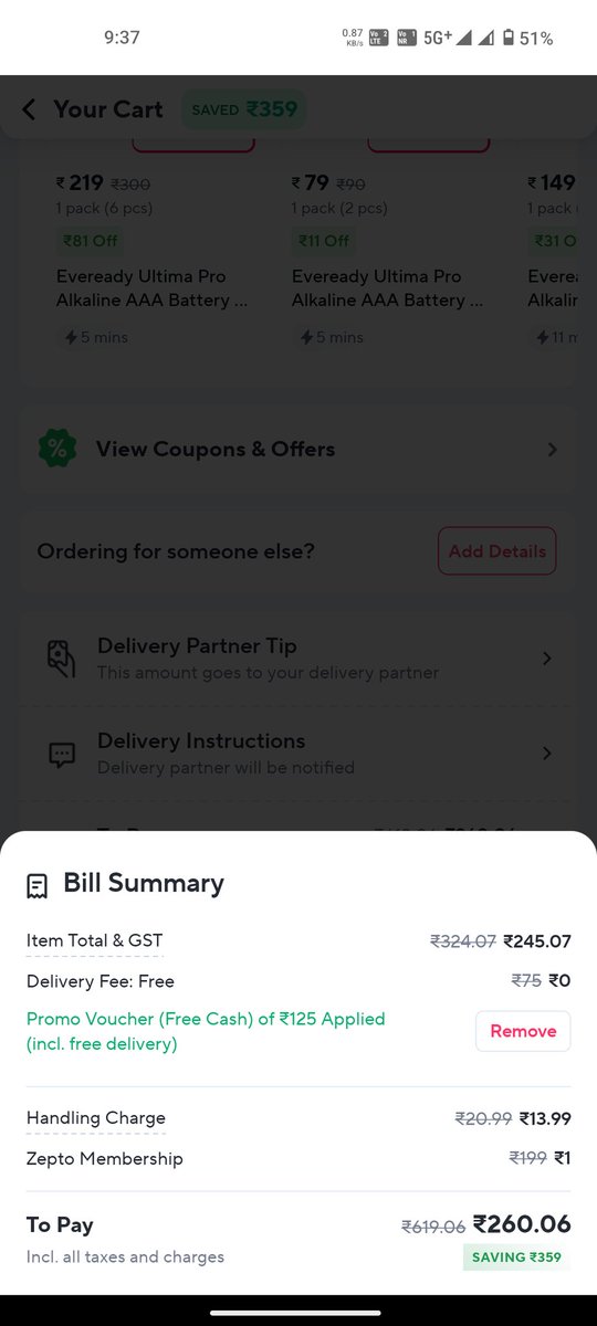 Zepto dark patterns ⚠️
Before applying ₹125 free cash Total  : ₹ 310
After applying ₹125 free cash Total : ₹ 260
Per <a href="/ZeptoNow/">Zepto</a> 310 - 125 = 260🤡( actual difference 185)
Math is not mathing for me😭