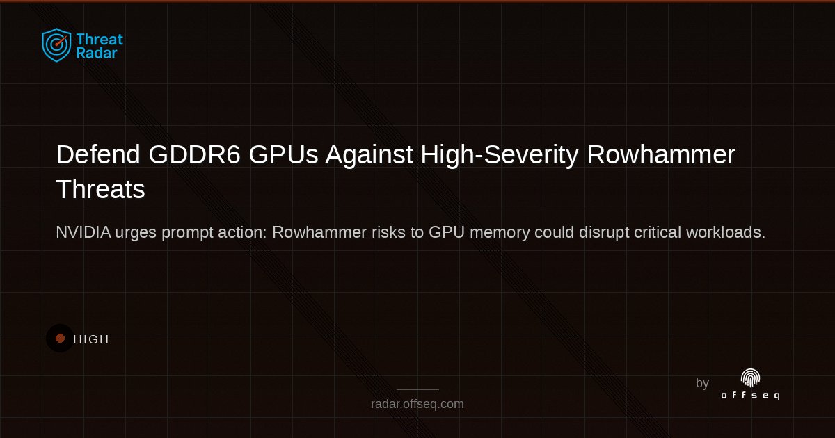 offseq's tweet image. 🚨 HIGH severity: NVIDIA issues guidance on defending GDDR6 GPUs from Rowhammer attacks. Secure your GPU workloads now! 🖥️ Details: radar.offseq.com/threat/nvidia-… #OffSeq #GPUsecurity #Rowhammer
