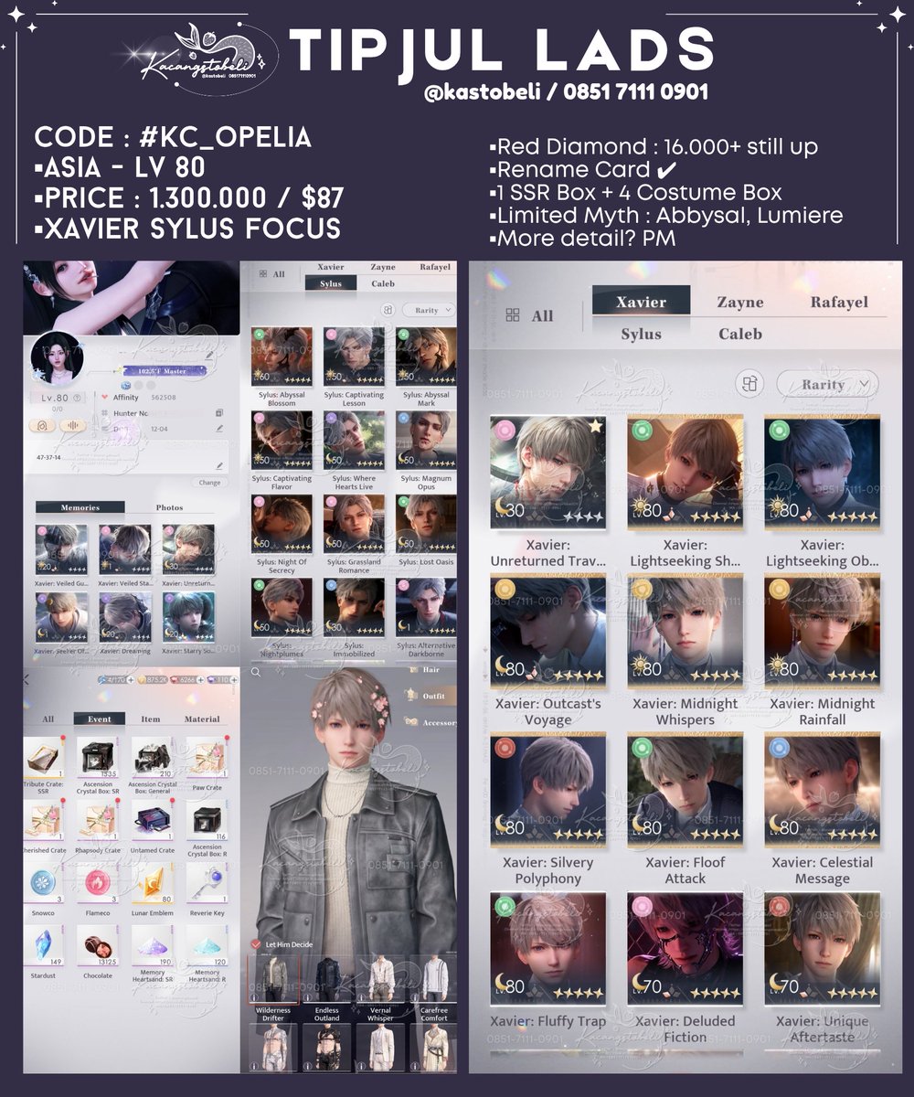 kastobeli's tweet photo. (Help QRT)
‼️ WTS Account lv 80 Xavier Sylus Focus
Have Myth Lumiere + Abbysal Limited

▪︎ SSR 37 + 10 Dupe
▪︎ 16.000 Diamond
▪︎ Rename Card ✅
▪︎ 3 Box Costume + 1 Box Hair

t. #warunglads #ladstwt #LoveandDeepspace #zonauang️ #zonajajan #wtslads #kastobeli https://t.co/aos1WdqkaC