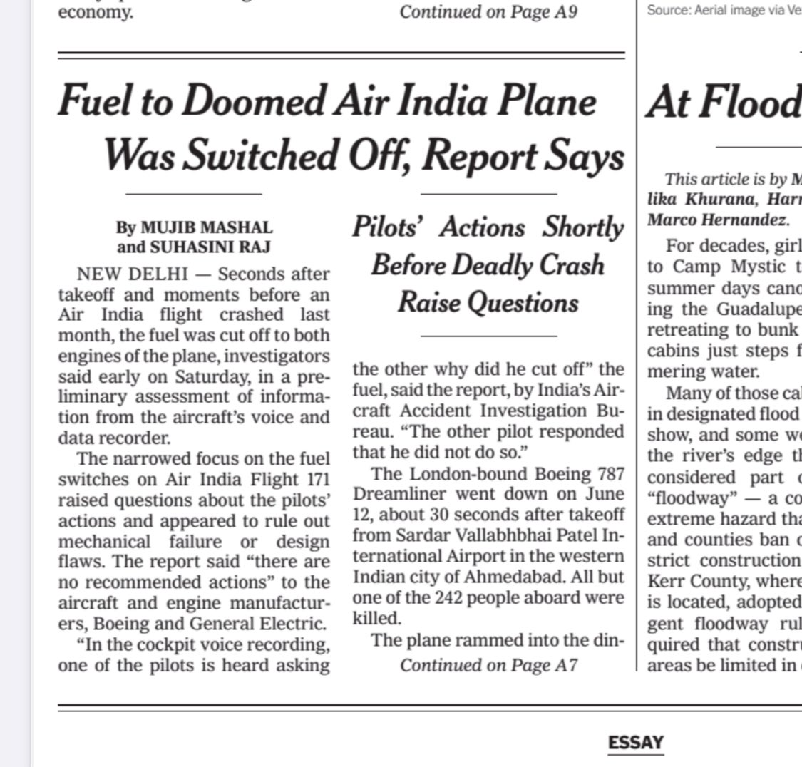 Shame on mainstream media, including <a href="/BBC/">BBC</a> &amp; <a href="/nytimes/">The New York Times</a>, for spreading misinformation &amp; drawing false conclusions by blaming the pilots- clearly pushing an anti-India narrative.

The official preliminary report from the Aircraft Accident Investigation Bureau (AAIB), Ministry of