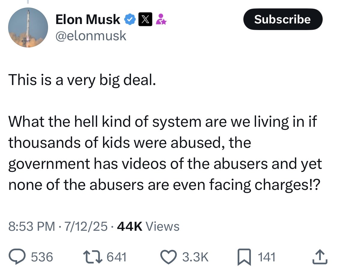 🚨 BREAKING: ELON ON EPSTEIN:

“What the hell kind of system are we living in?”

Thousands of abused kids.
Videos of the abusers.
Zero charges.

He’s saying what everyone’s thinking and no one in power wants to answer.