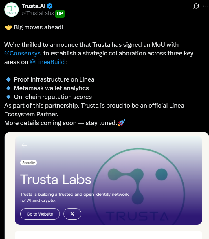 pingdaddy's tweet photo. Linea กำลังจะมา .. เรามาเตรียมตัวกัน

✅0.05 $ETH on linea
✅ทำ Tx บ้าง
✅Swap on Matamask
✅Trustalab พึ่งประกาศความร่วมมือกับ Concensus &amp; Linia เราก็ควรไปเช็ค Linea Attestations บน Trustalab ถ้าหมดอายุก็ทำใหม่ https://t.co/MLFWGZODR5

สิ้นเดือนนี้ ขอให้รวยทุกคน
@LineaBuild https://t.co/Ybj75ivwit