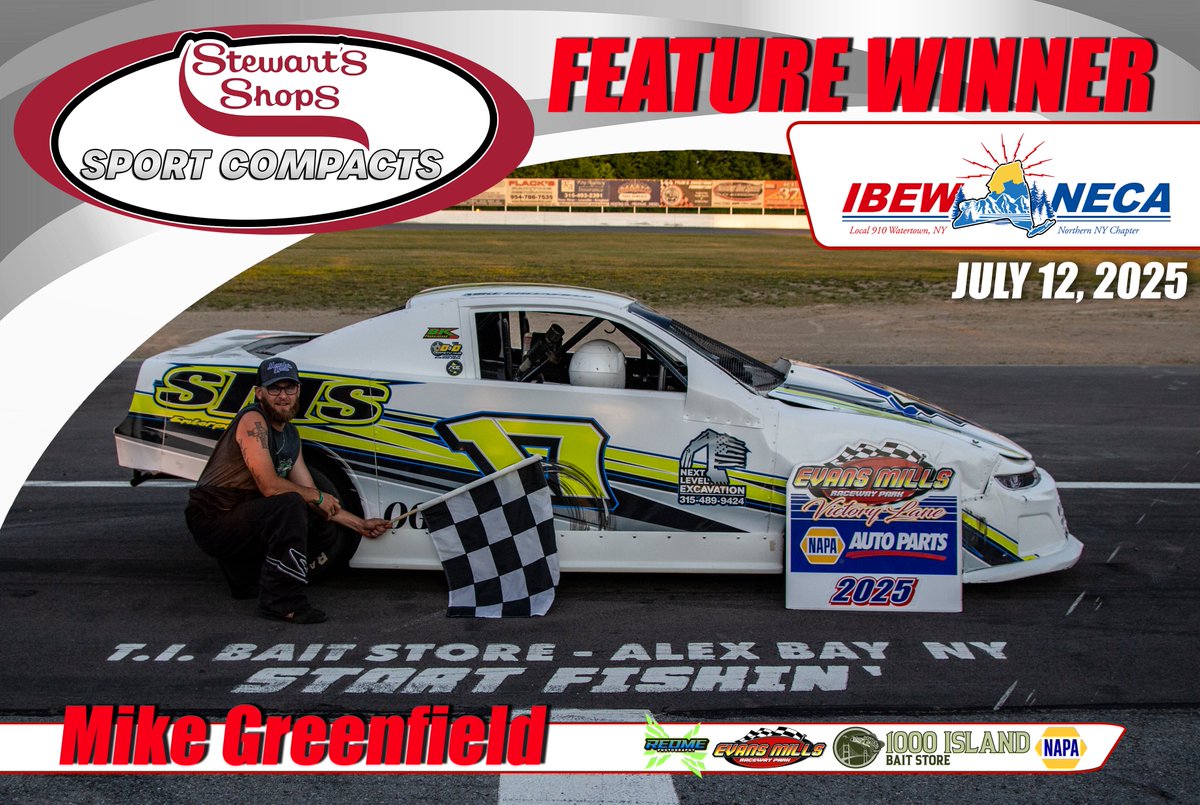 Feature Results for the Stewart's Shops Sport Compacts on Electricians Local 910 Christmas Miracle Night on 7/12/25

1. M. Greenfield, Powelczyk, Cole, Frezzo, St. Mary, Mayer, T. Greenfield, Pettinelli, A. Greenfield, Curcie, Seeley