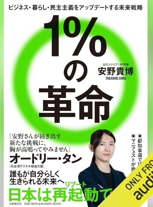 rin202207's tweet image. #読了 #Audible
『1%の革命』安野貴博著
YouTubeで知っていたぐらいだったので、改めて本を読んでみたら、日本の未来がこんな風に変わったらすごく嬉しいし、ワクワクするなという内容。