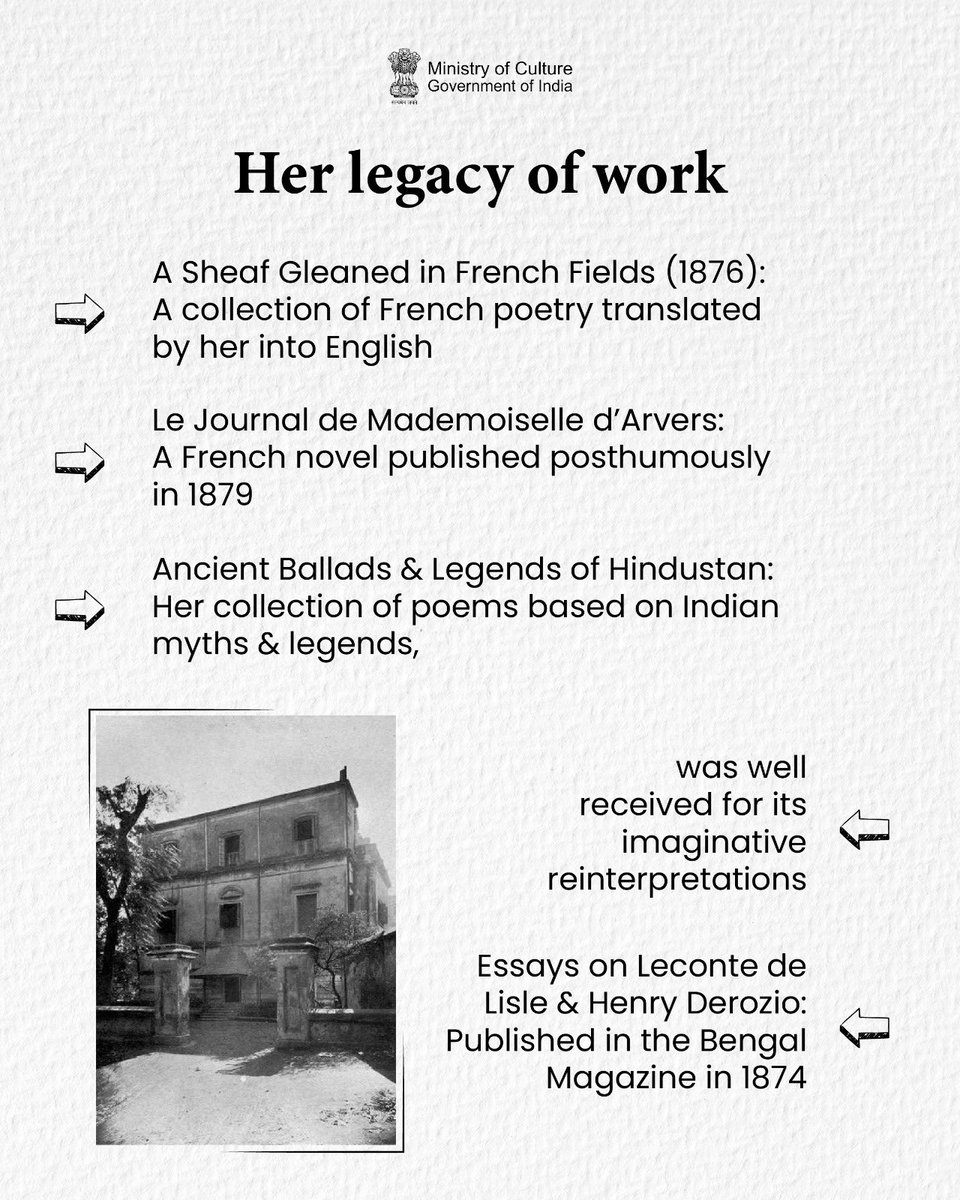 MinOfCultureGoI's tweet photo. As a poet, novelist, essayist, translator and polyglot, #ToruDutt was an outstanding pioneer in the history of Indian literature. To know about her legacy in literature &amp; the impact it had both in India and the West, read👇

#PeopleOfCulture #CultureUnitesAll https://t.co/NUwHioYfnY