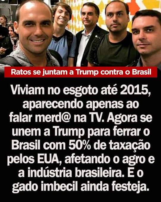 Esses vermes viviam nos esgotos até 2015, saíram e juntaram a Trump para destruir a indústria e o Agro Brasileiro, Tarcísio é da mesma laia desses porcos traidores da pátria ... 🤮 👇