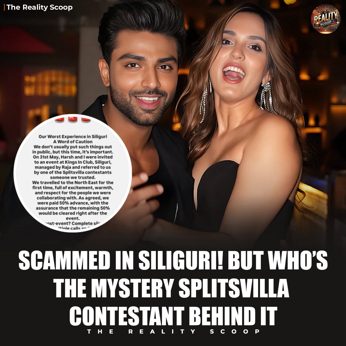 reality_scoop_'s tweet photo. Rushali and Harsh share their worst experience in Siliguri after being invited for an event by Kings In Club. Despite promises and partial payment, the organizers ghosted them post-event.

#SiliguriEvent #Rushali #Splitsvilla #EventScam #InfluencerNews #UnethicalOrganizers https://t.co/rG0Tl8URXI