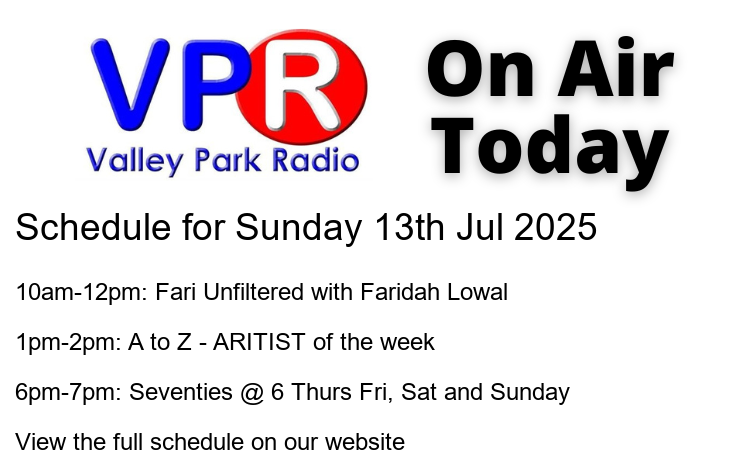 📻 #OnAir today:
🕙 10am: Fari Unfiltered with Faridah Lowal

🕐 1pm: A to Z - ARITIST of the week
🕕 6pm: Seventies @ 6 Thurs Fri, Sat and Sunday
☎️ 01322 428362
📟 07700 173222
WhatsApp:...

#HospitalRadio #OnAir #ListenLocal #ValleyParkRadio

bit.ly/vprweb