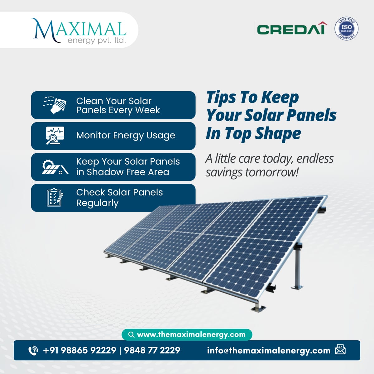 TMaximalenergy's tweet image. 💡 A well-maintained solar system = maximum savings!
Here’s how you can keep your solar panels in top shape:
🧼 Clean weekly
📊 Track energy output
🌤 Keep panels away from shade
🔍 Regular checks = long-lasting performance

#MaximalEnergy #RooftopSolar #SolarTips #SolarCareTips