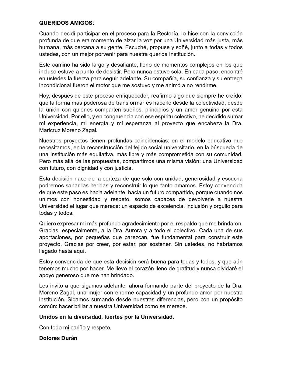 María Dolores Durán declina su candidatura a la rectoría de la #UAEMéx y se integra al proyecto de Maricruz Moreno Zagal.