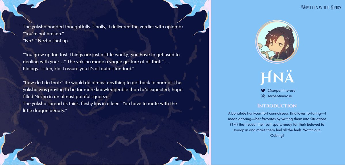 WITStarsZine's tweet image. 🪷 CONTRIBUTOR SPOTLIGHT 🐉
Our next contributor is the peacock enthusiast @serpentinerose , who loves torturing her faves into situations to reveal their most vulnerable spots and make our knees weak with her writing…. Oh… we are not prepared for what’s coming… 😟