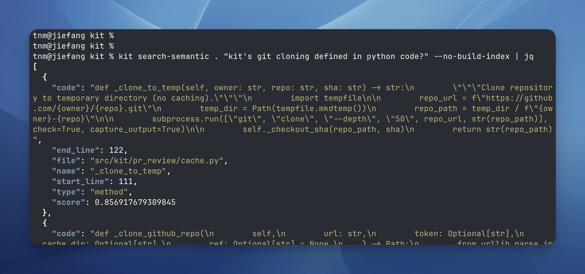 kit now supports semantic search in its CLI, new in v1.5. 

different output formats for piping, readability. customizable embedding models, &amp; more.

defaults to a chroma backend. it's pretty fast.