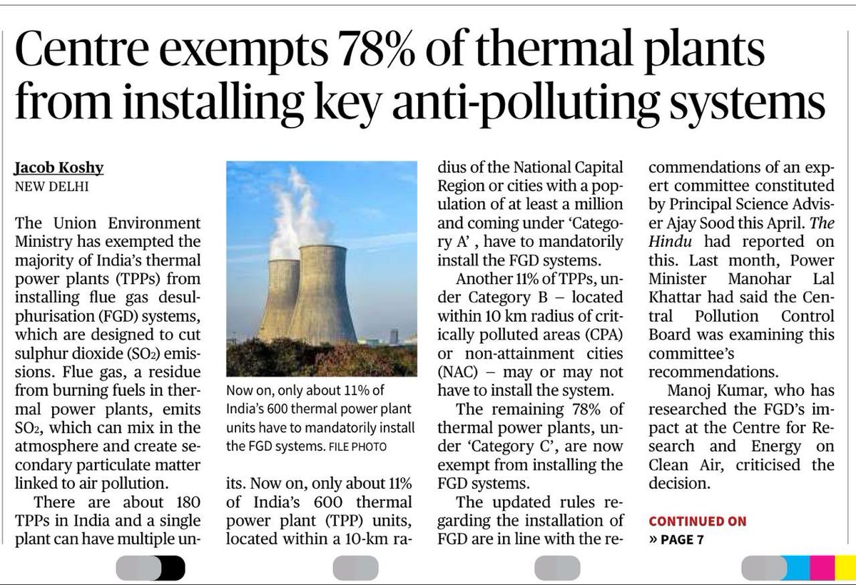 Bhavreen Kandhari (@bhavreenmk) on Twitter photo India's environment ministry has exempted 78% of thermal power plants from installing pollution cutting FGD systems. A major rollback on clean air.
Leniency for coal or incinerating waste in the name of “waste to energy”;
Where’s the priorities? <a href="/PMOIndia/">PMO India</a> <a href="/CPCB_OFFICIAL/">Central Pollution Control Board</a> India's environment ministry has exempted 78% of thermal power plants from installing pollution cutting FGD systems. A major rollback on clean air.
Leniency for coal or incinerating waste in the name of “waste to energy”;
Where’s the priorities? <a href="/PMOIndia/">PMO India</a> <a href="/CPCB_OFFICIAL/">Central Pollution Control Board</a>