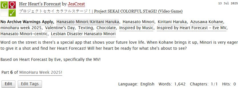 JesCrest's tweet image. Her Heart's Forecast archiveofourown.org/works/67442776
What if there was an app that just showed your future love life? Wouldn't that be cool? Minori thinks so.
And I think I cooked here ๐
Here's my contribution for Day 6: Cover Song
#MinoHaruWeek2025 #minoharu #ใฟใฎใฏใ