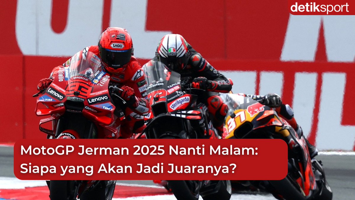 detiksport's tweet image. MotoGP Jerman 2025 digeber akhir pekan ini.🏁
Marc Marquez kembali jadi sorotan usai ngunci pole position dan menang di sprint race kemarin. 

Kira-kira, March Marquez mampu sapu bersih di race utama? Atau bakal ada kejutan? Ikuti dalam #THREAD berikut!

#detiksport #MotoGP2025