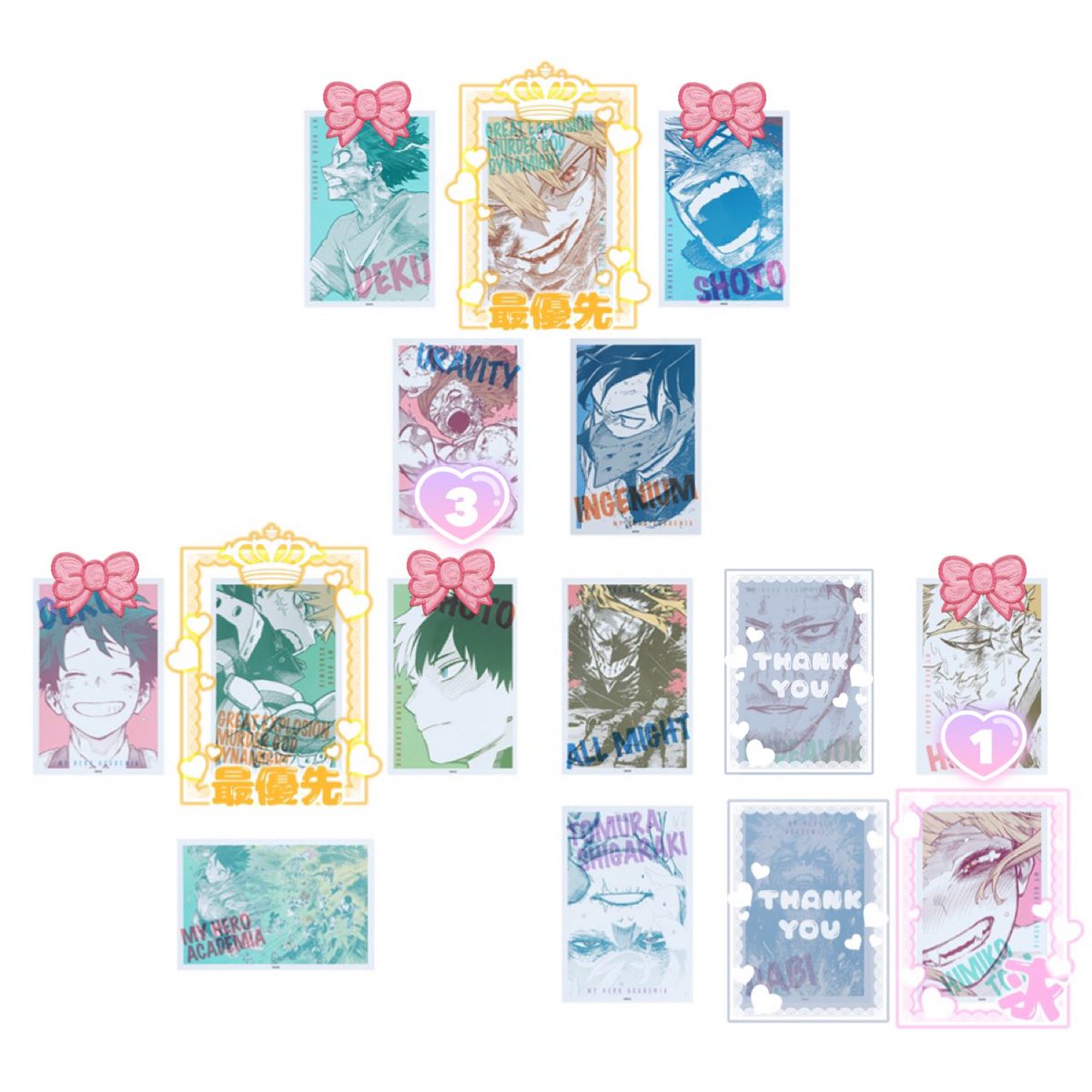 【交換】 僕のヒーローアカデミア ヒロアカ 原画展 ワンシーンカード

譲　画像記載数、無記載各4

求　最優先爆豪&gt;&gt;&gt;&gt;含む場合トガ

※爆豪含む交換のみ＋🎀は爆豪との交換のみ

無印単体譲渡◎キャラ毎最優先

8/1.8/7.8/21.8/28現地交換&gt;郵送