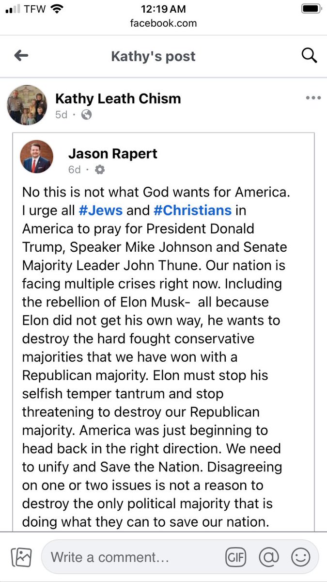 Just letting <a href="/elonmusk/">Elon Musk</a> know that Kathy Chism is a Mississippi state senator who will be up for election in 2027 if he wants to put that in his planner for back a challenger.