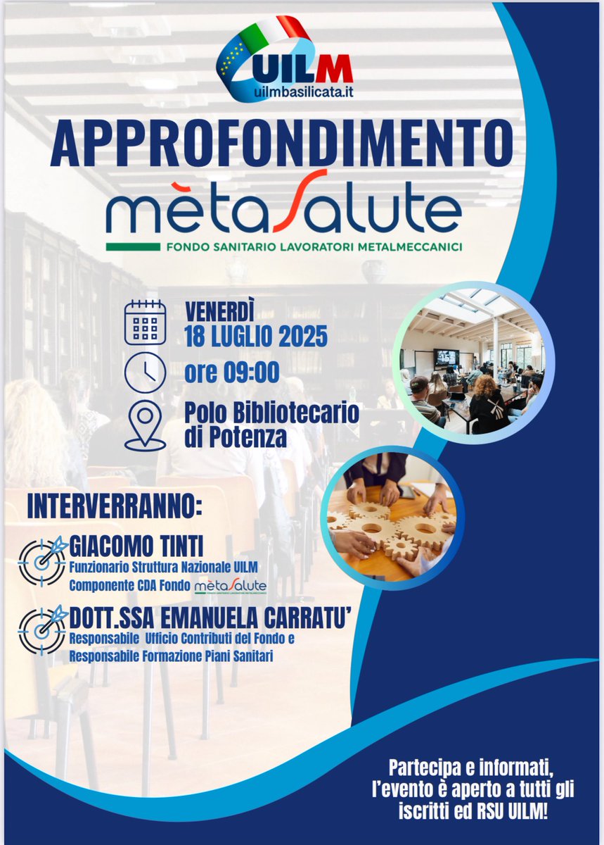 UilmBasilicata's tweet photo. 🔵 SEMINARIO DI APPROFONDIMENTO SU METASALUTE
📅 Venerdì 18 luglio 2025
🕘 Ore 9:00
📍 Nuovo Polo Bibliotecario di Potenza

@UilmNazionale 

#UILMBasilicata #Metasalute #SanitàIntegrativa #FormazioneSindacale #DirittiDeiLavoratori https://t.co/WYOHPdt5Ep
