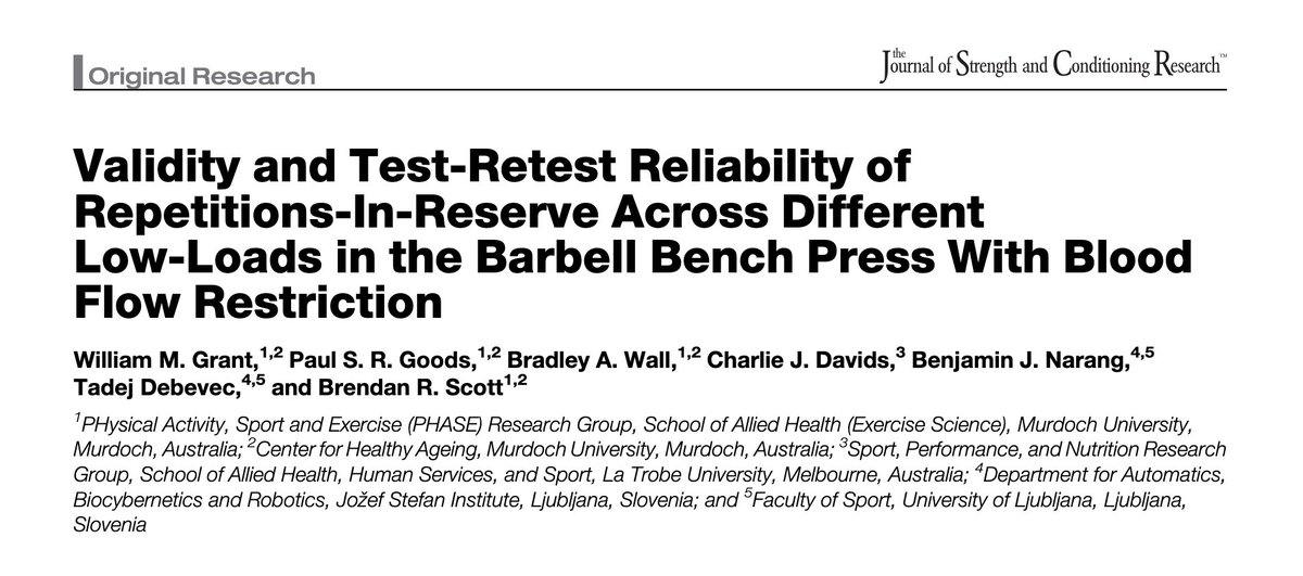 Tadej Debevec (@debevectadej) on Twitter photo Latest output in <a href="/JSCRonline/">Journal of Strength and Conditioning Research</a>
Validity and Test-Retest Reliability of Repetitions-In-Reserve Across Different Low-Loads in the Barbell Bench Press With Blood Flow Restriction
Great collaboration with Will Grant, <a href="/DrPSRGoods/">Paul Goods</a> <a href="/Brendan_Scott1/">Brendan Scott</a> et al.
journals.lww.com/nsca-jscr/abst… Latest output in <a href="/JSCRonline/">Journal of Strength and Conditioning Research</a>
Validity and Test-Retest Reliability of Repetitions-In-Reserve Across Different Low-Loads in the Barbell Bench Press With Blood Flow Restriction
Great collaboration with Will Grant, <a href="/DrPSRGoods/">Paul Goods</a> <a href="/Brendan_Scott1/">Brendan Scott</a> et al.
journals.lww.com/nsca-jscr/abst…