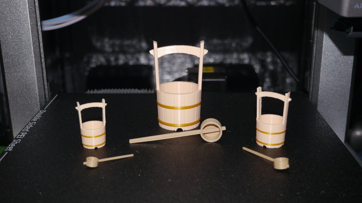 mugenrenpou's tweet photo. 3Dプリンター Anycubic Kobra 3 ComboとI3 MEGAで、ミニ・手桶セット(1/6・1/10・1/12)を造形しました。柄杓をI3 MEGAで造形しております。
#Anycubic #kobra3 #i3mega #ミニチュア #3Dプリンター #3Dプリント https://t.co/SXPLkmnDV6