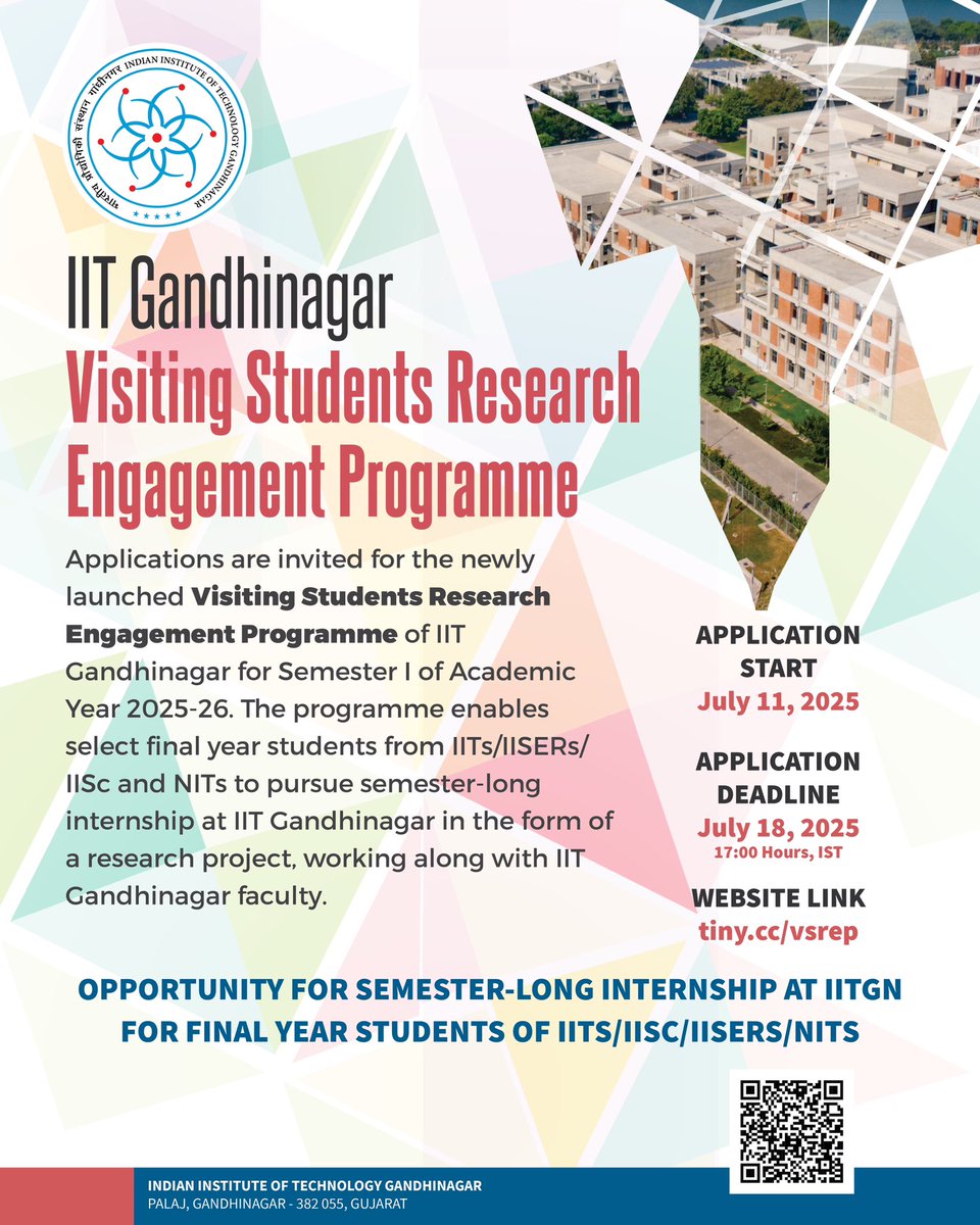 iitgn's tweet image. IIT Gandhinagar is pleased to announce the launch of the Visiting Students Research Engagement Programme for Semester I of Academic Year 2025-26.