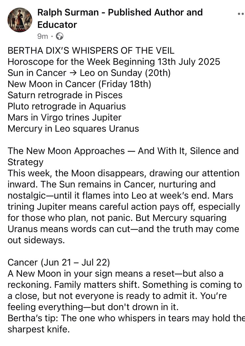 RalphSurman's tweet image. Danger. Desire. Destiny.
Bertha Dix never trusts the stars — but this week, they’re whispering her name.
Curious what’s written in yours?
Find out now on Facebook: Ralph Surman Author & Educator
Your fate might be closer than you think…
#BerthaDix #WeeklyHoroscope…