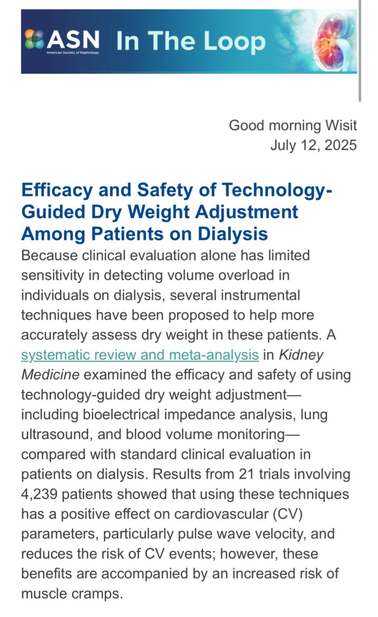 Wisit Cheungpasitporn MD FACP | FASN | FAST (@wisit661) on Twitter photo Thanks to <a href="/ASNKidney/">American Society of Nephrology</a> ASN In The Loop today — our team appreciates this valuable update from our work. 😊🙏 <a href="/MayoClinicNeph/">Mayo Clinic Nephrology</a>
Key Points from “Efficacy and Safety of Technology-Guided Dry Weight Adjustment Among Patients on Dialysis”:
🔗 kidneymedicinejournal.org/article/S2590-…
<a href="/KidneyMed/">Kidney Medicine</a> Thanks to <a href="/ASNKidney/">American Society of Nephrology</a> ASN In The Loop today — our team appreciates this valuable update from our work. 😊🙏 <a href="/MayoClinicNeph/">Mayo Clinic Nephrology</a>
Key Points from “Efficacy and Safety of Technology-Guided Dry Weight Adjustment Among Patients on Dialysis”:
🔗 kidneymedicinejournal.org/article/S2590-…
<a href="/KidneyMed/">Kidney Medicine</a>