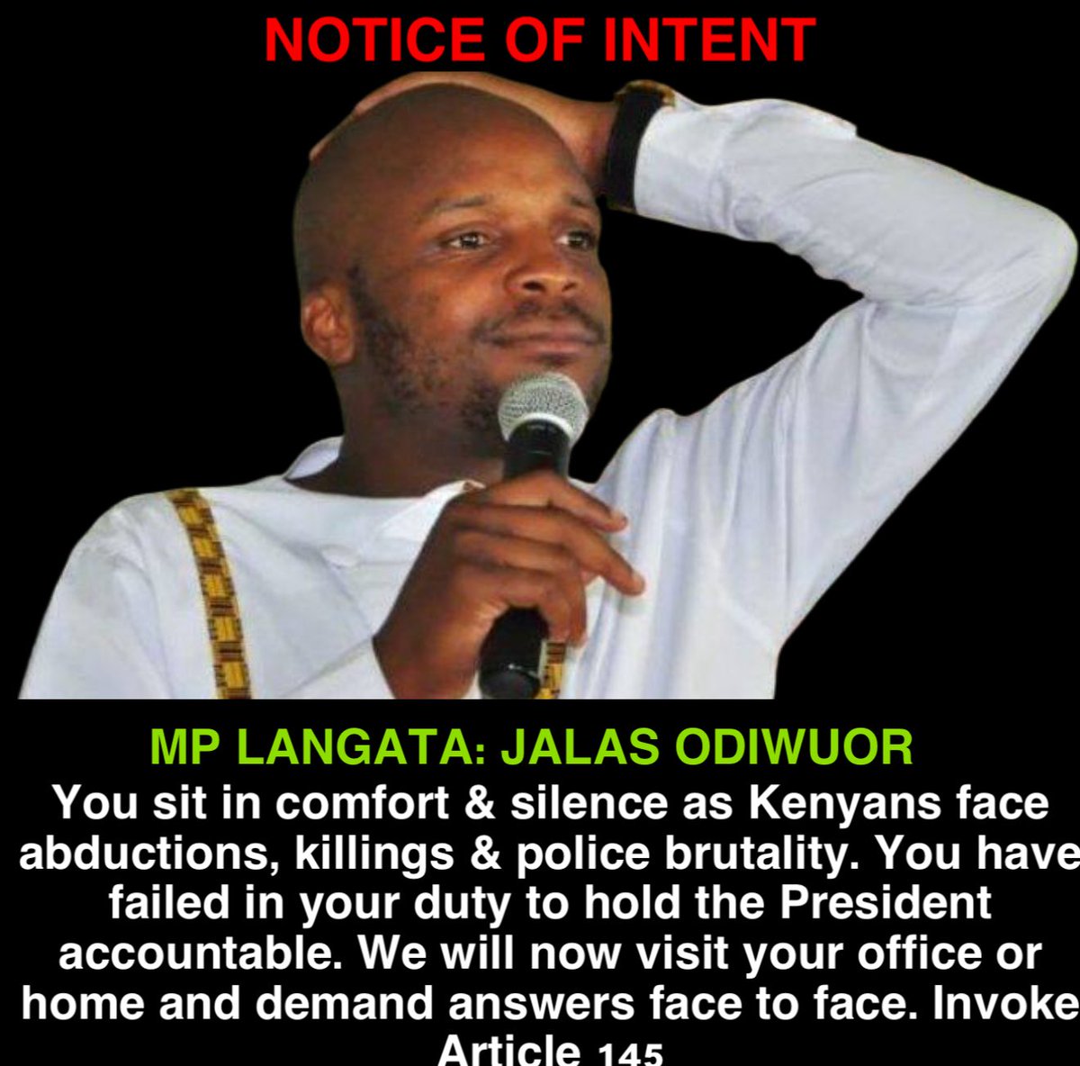 You swore to defend the constitution. Article 145 gives you the tool to prevent more Killings and Abductions. Act Now!! #MpsVisitingDay