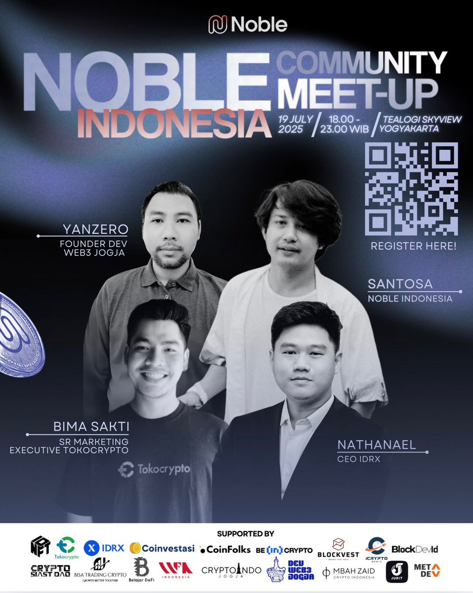 CryptoindoJogja's tweet photo. GM Nm everyone!
Yuk gabung the first Noble Indonesia Community Meetup 🇮🇩
Bareng expert Web3 & stablecoin:
@0xSantosa (@noble_idn)
@yanzero_ (@devweb3jogja)
@nael_idrx (@idrx_co)
Bima Sakti (@Tokocrypto)
Merchant eksklusif + free Fnb + live DJ lho! https://t.co/ZKytU9aTOS