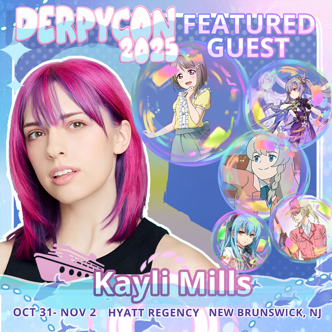 DerpyCon's tweet image. Introducing our next Voice Actor Guest for DerpyCon 2025, Kayli Mills! Were you able to guess it correctly from our trivia yesterday?
Kayli has done many roles over the years, but has also been involved with music! 
Find out more here: Derpycon.com/guests