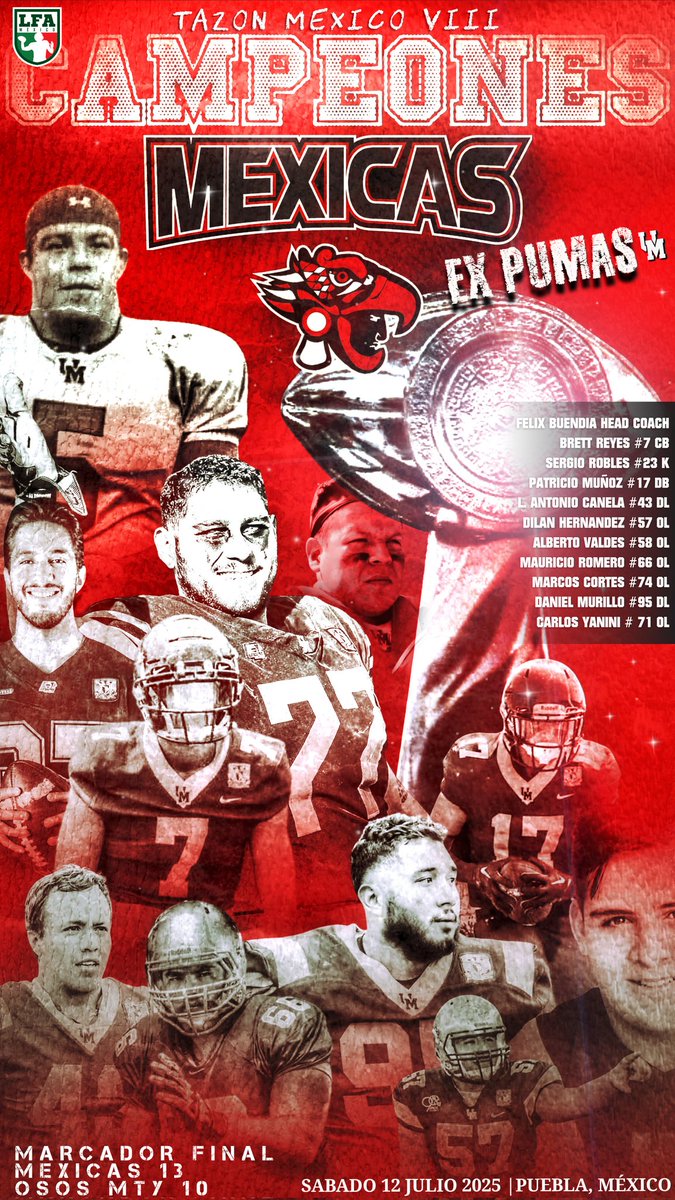 PUMASCUfanbase's tweet image. 🏆 ¡CAMPEONES!
Los MEXICAS @MexicasLFA conquistan el Tazón México VIII de la @LFA_Mex con una victoria épica 13-10 sobre los Osos de Monterrey bajo la lluvia en Puebla.
🌧️🔥 Mención especial al HEAD COACH FÉLIX BUENDÍA, el único en disputar tres Tazones México con distintos…