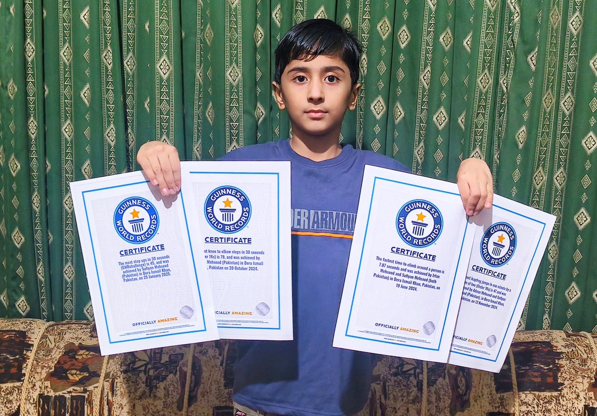 taahir_khan's tweet photo. #Pakistan's six-year-old Sufyan Mehsud has made another Guinness World Record. Youngest Martial Artist Sufyan #Mehsud breaks #Guinness World Records challenging world record. Guinness World Records had given a world record of 30 step-ups in 30 which Sufyan (South Waziristan-DIK) broke by a large margin by doing 45 step-ups, says @irfanmehsoodgwr. Sufyan Mehsud is Pakistan's youngest Guinness World Record holder, having set four Guinness World Records at the age of six. Sufyan Mehsud has previously broken two Guinness World Records from India. CONGRATULATIONS