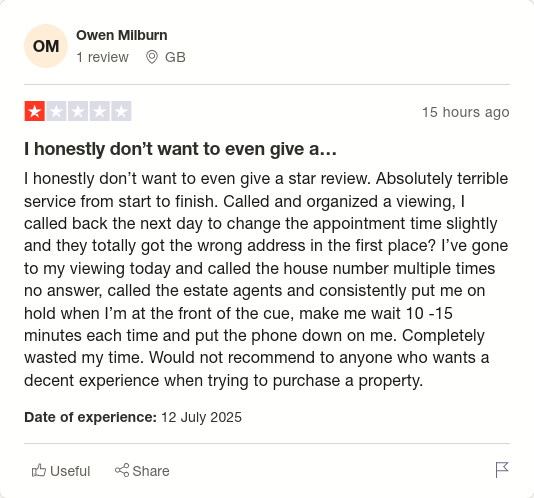 Owen Milburn gave Purplebricks 1 star via <a href="/Trustpilot/">Trustpilot</a> trstp.lt/g_S4umRlvg #CONmisery #NoBull #ownit