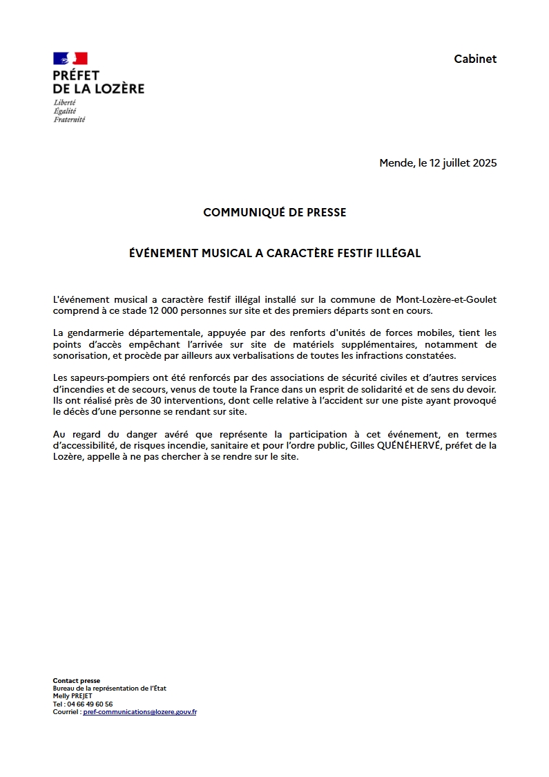 Prefet_48's tweet image. #information I 🛑 Point de situation à 13h00
L'événement musical a caractère festif illégal installé sur la commune de Mont-Lozère-et-Goulet comprend à ce stade 12 000 personnes sur site et des premiers départs sont en cours.
La gendarmerie départementale, appuyée par des…