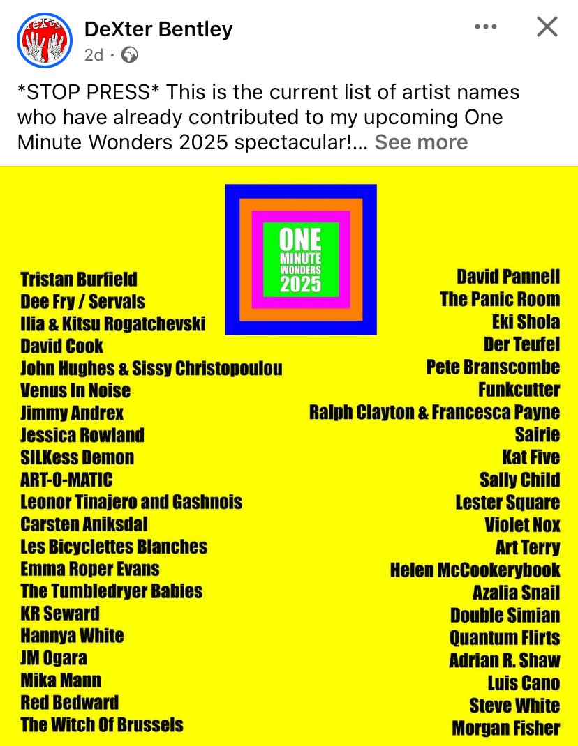 Spiddly's tweet image. It’s not every day I appear on the same bill as @MrArtTerry @McCookerybook and other talented artists. I’m in there on 26th July with the ‘One Minute Wonders’ on @deXterBentley’s #HelloGoodbyeShow on @ResonanceFM - still open for submissions! bit.ly/40irfuN #music #radio