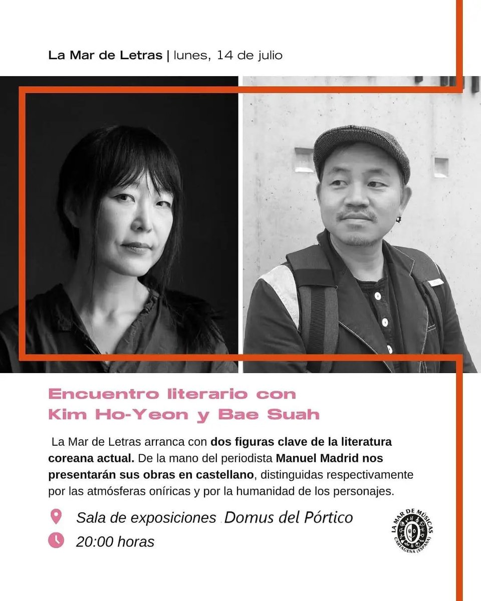 manuelmadrid_lv's tweet photo. Este lunes arranca @mardeletrasct con dos escritores surcoreanos publicados en español: Bae Suah ('La noche y el día de Ayami', 'En ninguna parte') y Kim Ho-Yeon ('Las maravillas de la tienda de Cheongpa-dong'). 

@AytoCartagenaES universaliza la #cultura @mardemusicasct 💛🚢 https://t.co/ExIJGJII4K