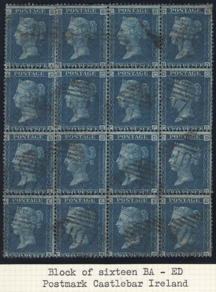 According to SG, a block of 4 2d blue plate 13 is worth 10x a single.  That is, £30 becomes £300.  But what scaling factor to apply to a block of 16? - And it has 107 Castlebar, Ireland numerals. stampauctions.co.uk #stampcollecting #stamp #philatelic #philately #briefmarken