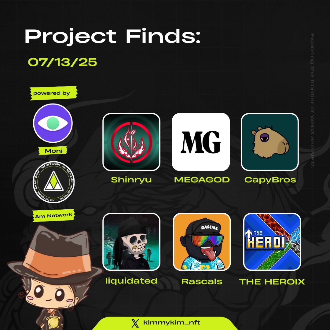 Kimmykim🔎 (@kimmykim_nft) on Twitter photo Project Finds Today 07/13/25
Limited Info but interesting
@shinryugate
Good potential free mints
@megagodsnft
<a href="/capybros1/">CapyBros</a>
<a href="/liquidated_hl/">liquidated.</a>
Degen good art
@rascalsonape
<a href="/theheroixnft/">THE HEROIX</a> Project Finds Today 07/13/25
Limited Info but interesting
@shinryugate
Good potential free mints
@megagodsnft
<a href="/capybros1/">CapyBros</a>
<a href="/liquidated_hl/">liquidated.</a>
Degen good art
@rascalsonape
<a href="/theheroixnft/">THE HEROIX</a>