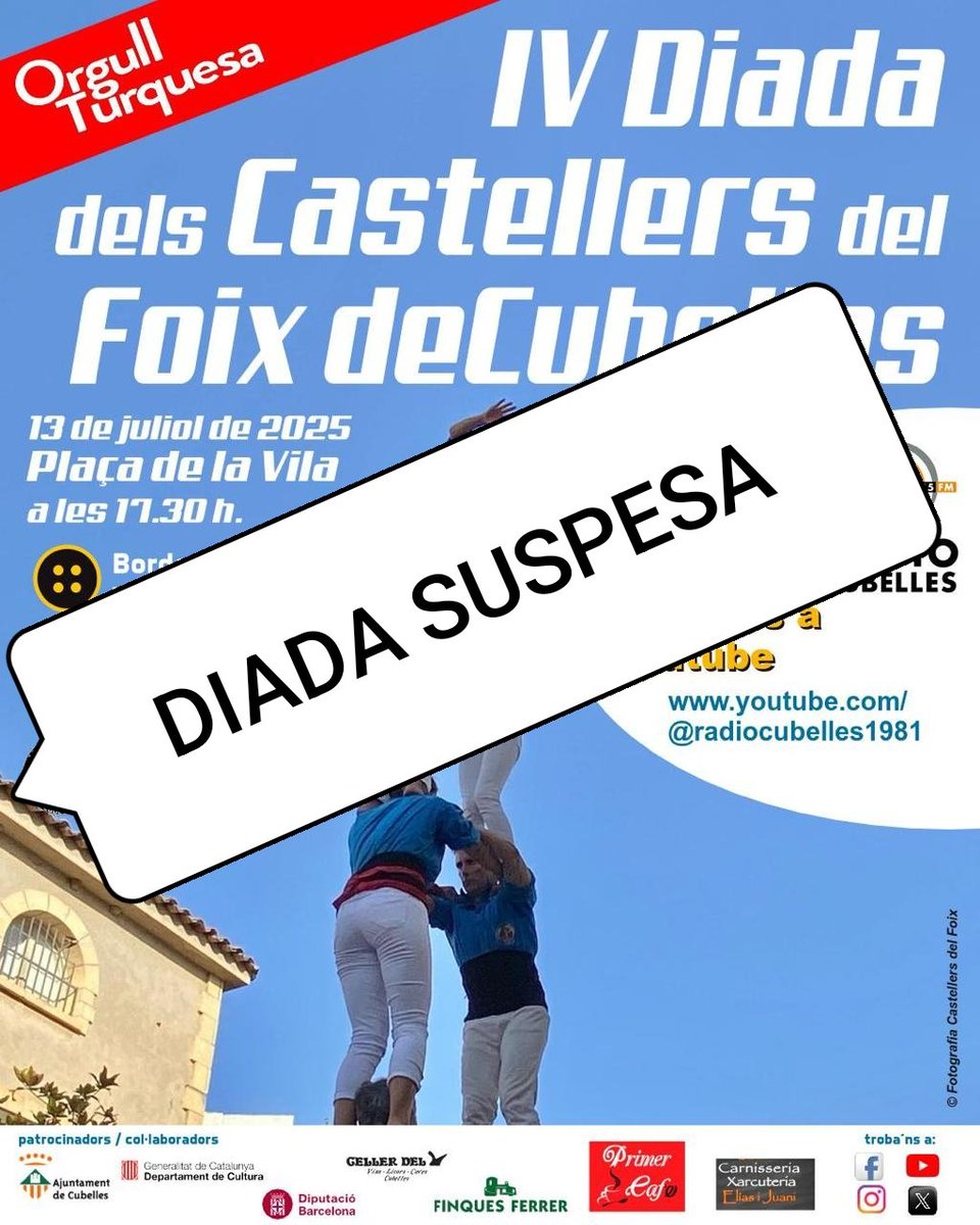 CastDelFoix's tweet image. 🔴 ATENCIÓ
👉A causa de les pluges i el desbordament del riu Foix, amb dues persones desaparegudes, INFORMEM que s'ha suspès la diada d'avui
🩵El nostre suport a les famílies de les persones desaparegudes i el nostre agraïment als professionals que treballen en la seva recerca