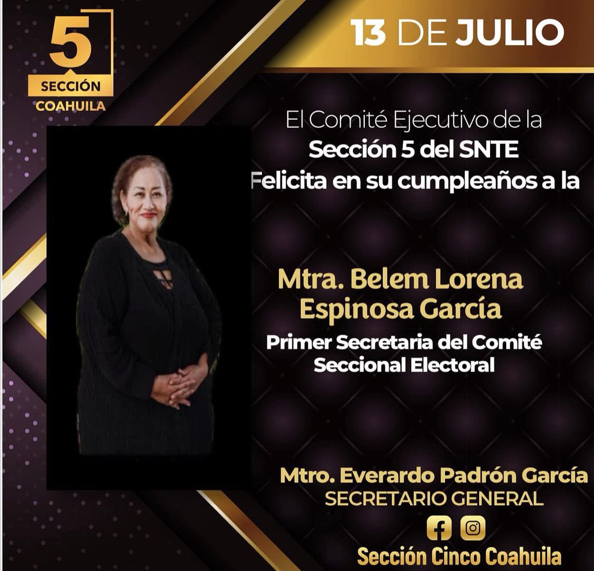 🎁 El Comité Ejecutivo de la Sección 5 del SNTE, felicita en su cumpleaños a la  Profa. Belem Lorena Espinosa García; Primer Secretaria del Comité Seccional Electoral.🎊
Deseándole lo mejor en su día, en compañía de sus seres queridos y amistades. 
#SNTEContigo
#EverardoPadrón
