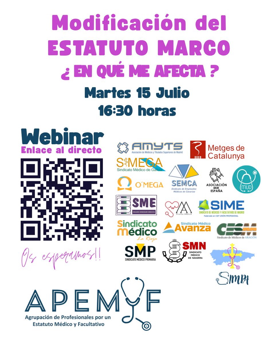 sime58106112's tweet image. Médicos y resto de facultativos, no dejeis pasar la oportunidad de conocer las propuestas de @APEMYF sobre el Estatuto Marco..... Martes 15 julio, 16:30 . @CSITUP