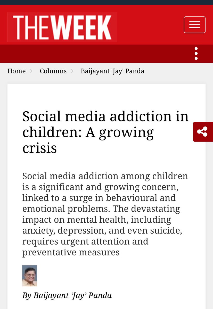 PandaJay's tweet image. In my latest OpEd for @TheWeekLive, I underscore how social media addiction among children is becoming a serious mental health crisis, fueling anxiety, depression, and other harms. India must act swiftly with evidence-based safeguards. Read & share your views 👇…