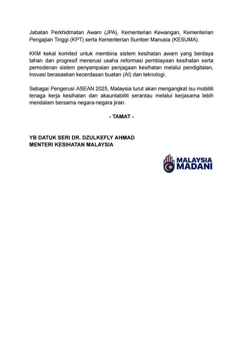 azrulazimi_'s tweet photo. Yes, we admit that we can't stop foreign medical headhunters from hiring our local talents.

But, that doesn't mean we aren't doing anything about it. Banyak benda telah dan sedang dilakukan.

Saya kongsikan kenyataan media penuh YB Menteri @DrDzul untuk makluman semua. https://t.co/6yjIjA278g