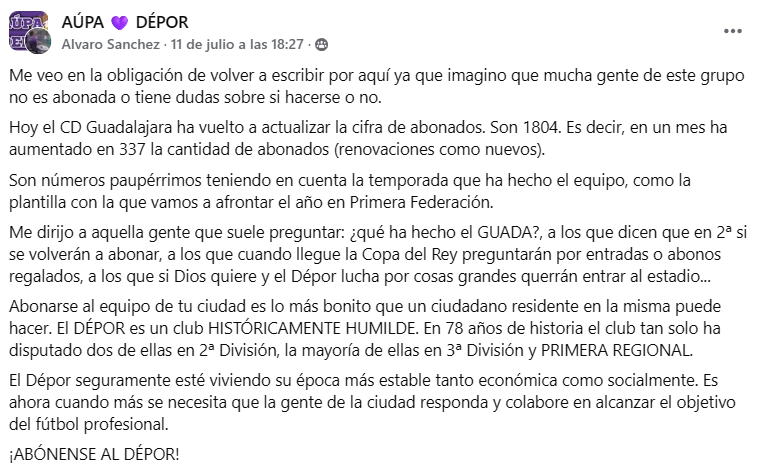 Dejo por aquí también mi opinión al respecto de la cifra de abonados recientemente publicada por el <a href="/deporguada/">C.D. Guadalajara 🟣⚪️</a>.

Hay que hacer hincapié en esa gente que dice que no se abonan a no ser que el "Guada" esté en 2ª y decirles que hemos estado 52 temporadas de 78 en 3ª División.