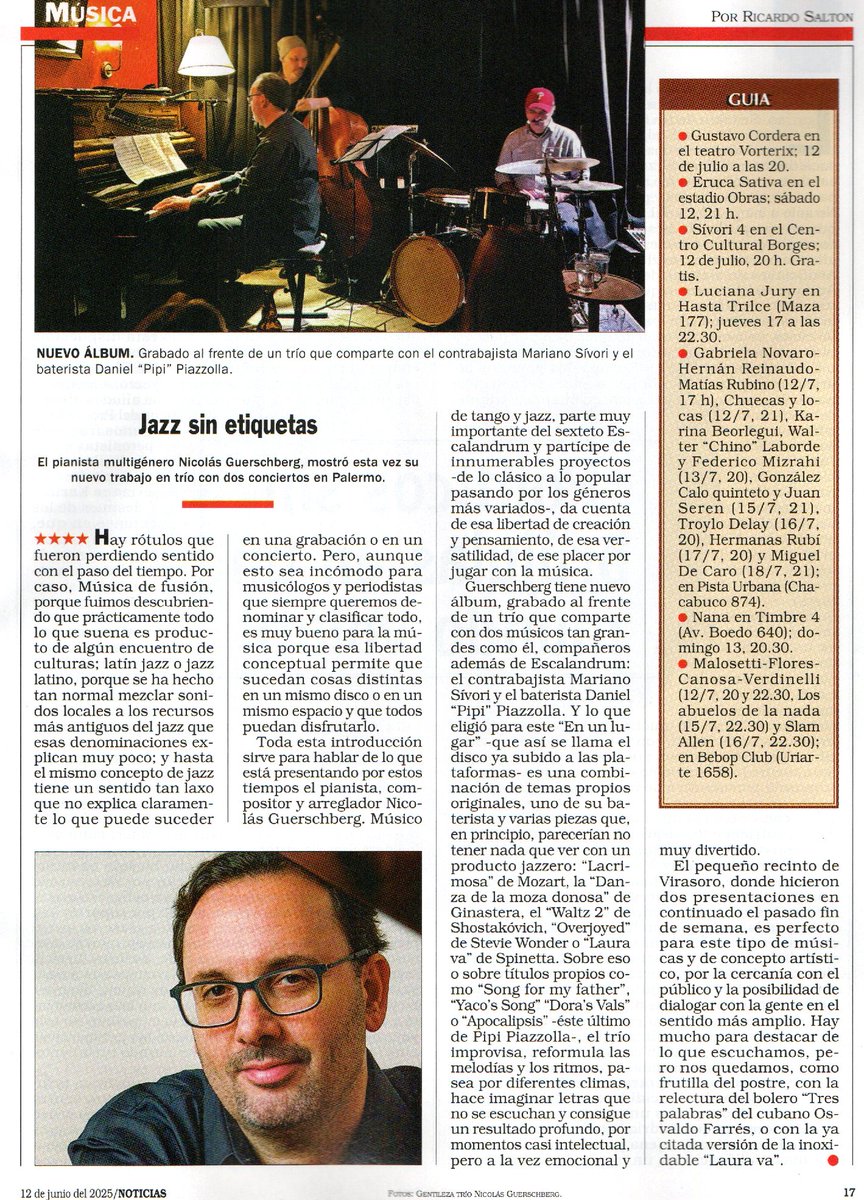 Pasen y lean.
<a href="/NGuerschberg/">Nicolas Guerschberg</a> c/<a href="/pipipiazzolla/">Pipi Piazzolla</a>-<a href="/mariansivori/">Mariano Sivori</a>  <a href="/VirasoroBar/">Virasoro Bar - Club de Jazz</a> 
<a href="/noticiasrevista/">Revista Noticias</a> 2533 - 12/7/25

<a href="/Gustavocordera/">Gustavo Cordera</a> <a href="/TeatroVorterix/">Teatro Vorterix</a> <a href="/ErucaSativa/">ΞRUCΛ</a> <a href="/EstadioObras/">Estadio Obras</a> <a href="/delpinoprensa/">marta del pino 💚🌈</a> <a href="/Lucianajury/">Luciana Jury</a> <a href="/HastaTrilce/">Hasta Trilce</a> <a href="/pistaurbana/">Pista Urbana</a> <a href="/TeatroTimbre4/">Timbre4</a> <a href="/javiermalosetti/">Javier Malosetti</a> <a href="/bebopclub/">Bebop Club</a> <a href="/karinanisinman/">Karina Nisinman</a>