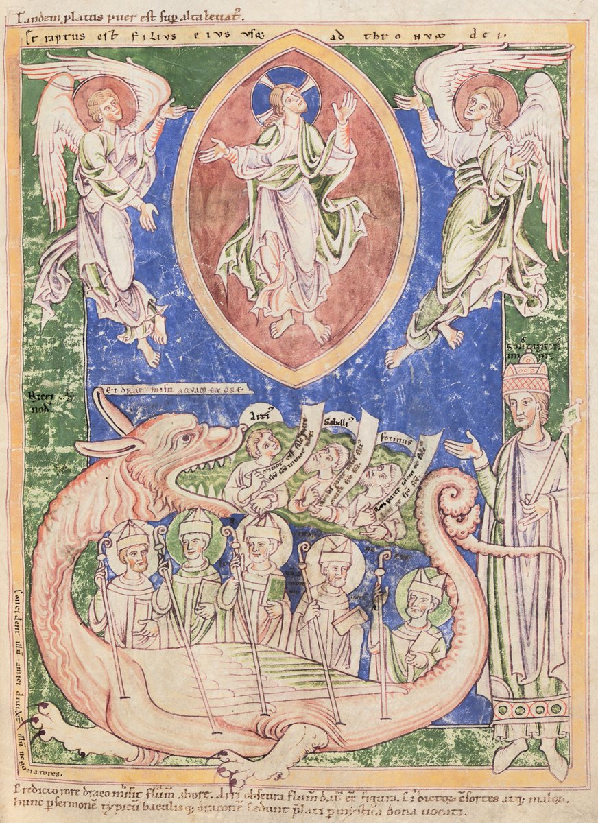 VirDesideriorum's tweet image. This vivid miniature offers a figurative interpretation of Revelation 12, shaped by the theological thought of Rupert of Deutz and Anselm of Havelberg. The dragon’s initial assault, his attempt to destroy Christ, fails: the risen Christ is taken up into heaven in a glowing…