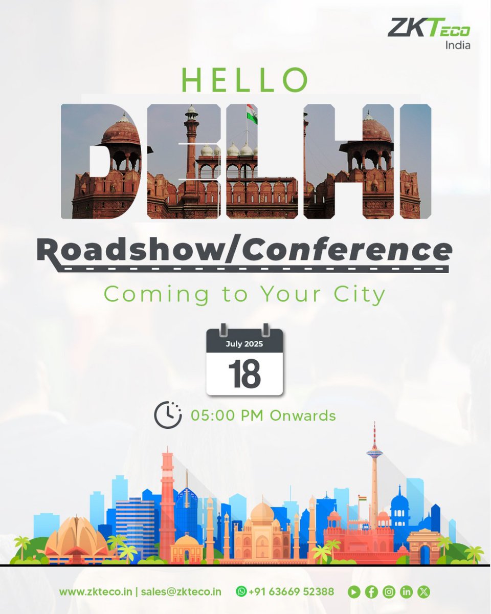 zk_india's tweet image. We are pleased to inform you that our next #Roadshow #Conference is going to be held in the national capital of India, focusing on introducing our brand-new products and #futuristicsolutions exclusively to the audience.
About Us @ zkteco.in 

#ZKTeco #Delhi