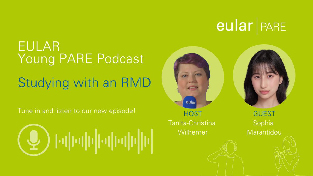 eular_org's tweet image. 🔊 Listen to the latest #eularPARE podcast: "Studying with an #RMD: Real Stories, Real Strategies".
🌍 Join our host, Tanita-Christina Wilhelmer, as she speaks with Sophia Marantidou.
Join us here!
Spotify: pulse.ly/36xirevapf
Apple: pulse.ly/isf4z7ei2n
#EULARpodcasts