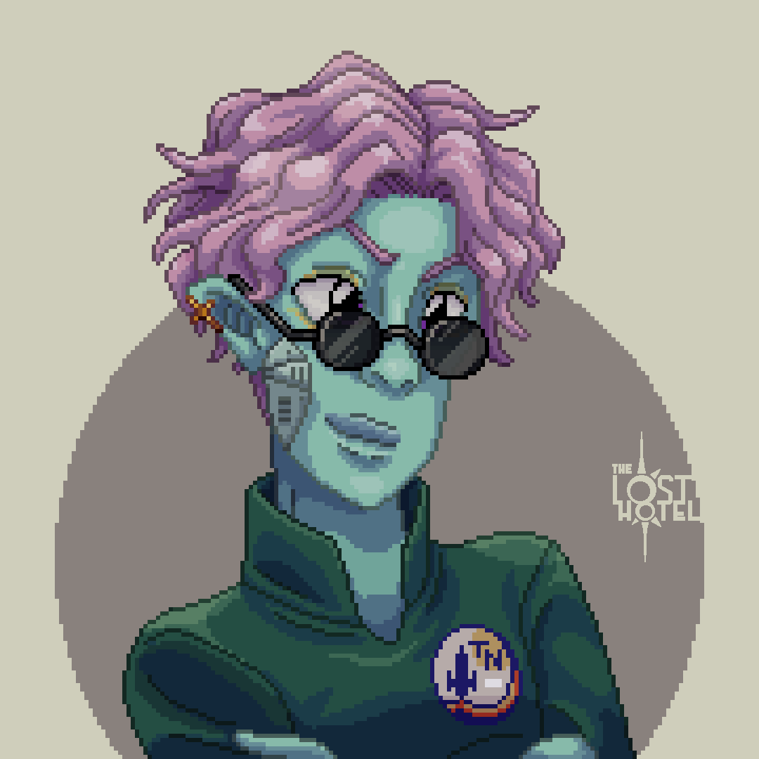 This is X4L (but Kal for you), a cyborg, Callistan (from the ice moon Callisto) and an employee of the Terra Nova Corporation.  #thelosthotel #pixelart #retrogames #gamedevelopment #indiegame #indiegamedev #indiedev #pixelgame #pixelartgame #gamedesign  #cozygaming #rpg #cozygame