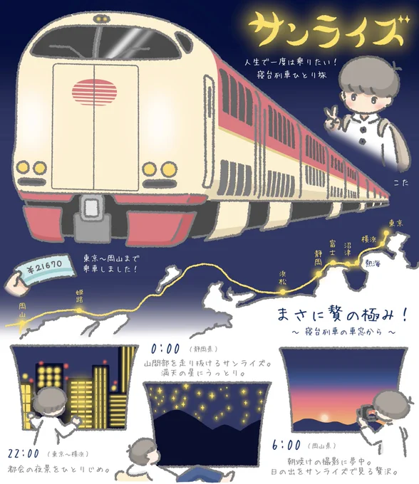 寝台列車サンライズで夜のひとり旅🌙
久しぶりに乗りたくなったので前に描いたイラストレポを✨今もなお定期運行している日本で唯一の寝台列車です。ロマンに溢れている... 
